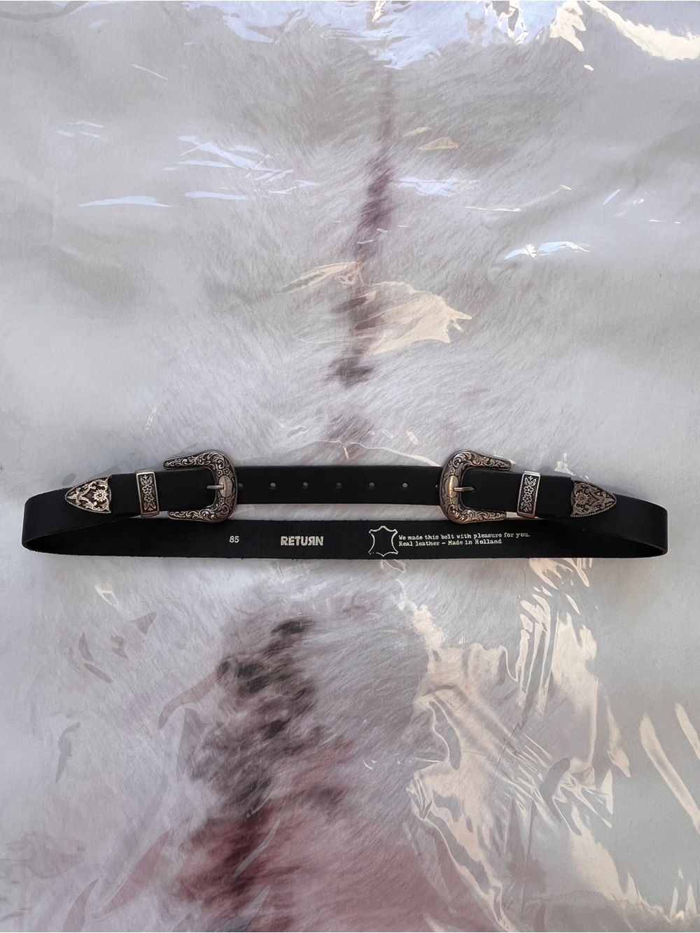 Black Leather Belt with Ornate Silver-Tone Western Buckle